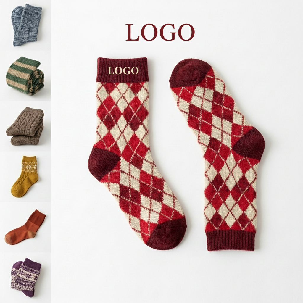 Diamond Pattern Crew Socks - Dark Red & Cream