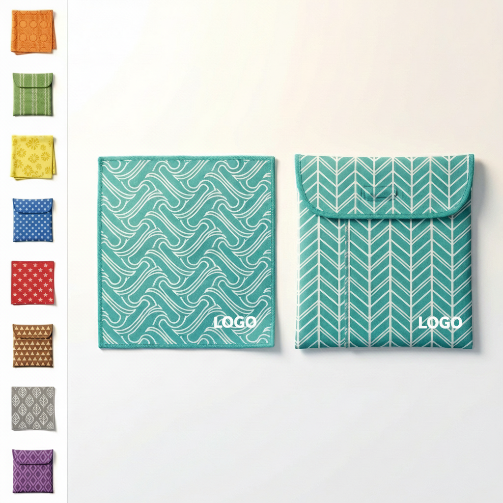 Teal & White Patterned Microfiber Cloth with Drawstring Pouch